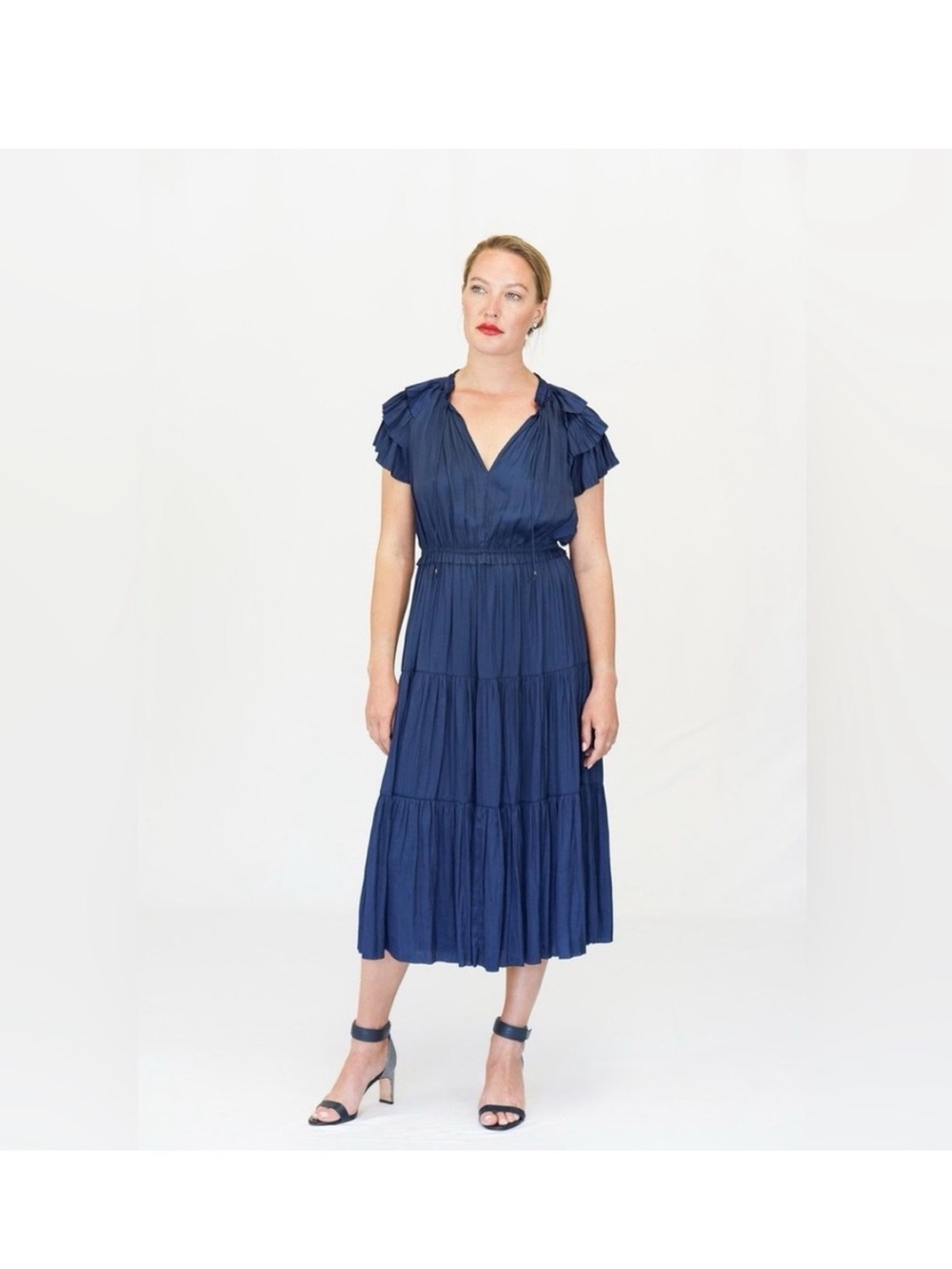 Navy Tiered V-Neck Midi Dress
